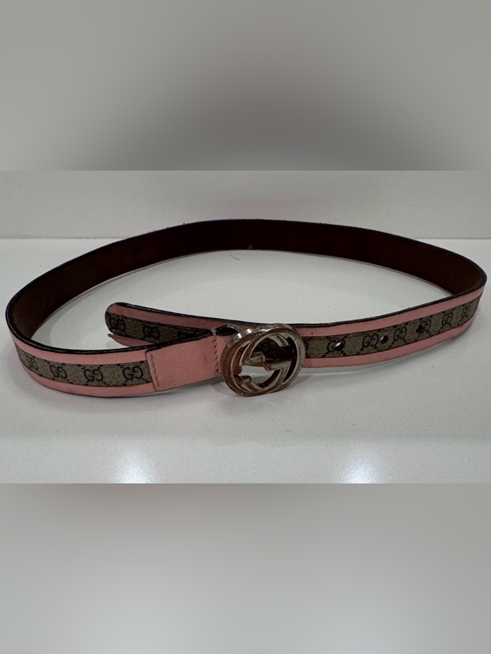 GUCCI Kids Pink Patent Leather GG Coated Canvas Interlocking G Buckle Belt